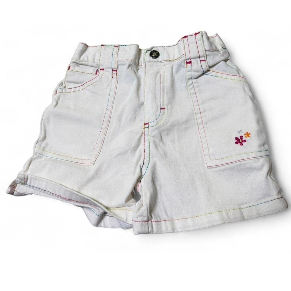 Y2K WonderKids Girls 4T White Denim Shorts Rainbow Stitch Butterfly Embroidered